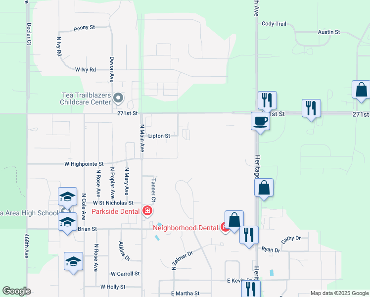 map of restaurants, bars, coffee shops, grocery stores, and more near 1200 North Carla Avenue in Tea