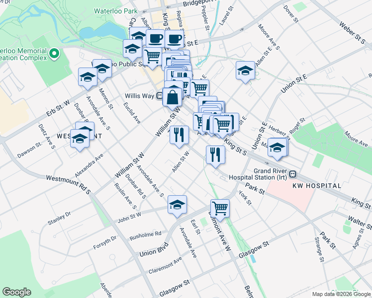 map of restaurants, bars, coffee shops, grocery stores, and more near 133 Park Street in Waterloo