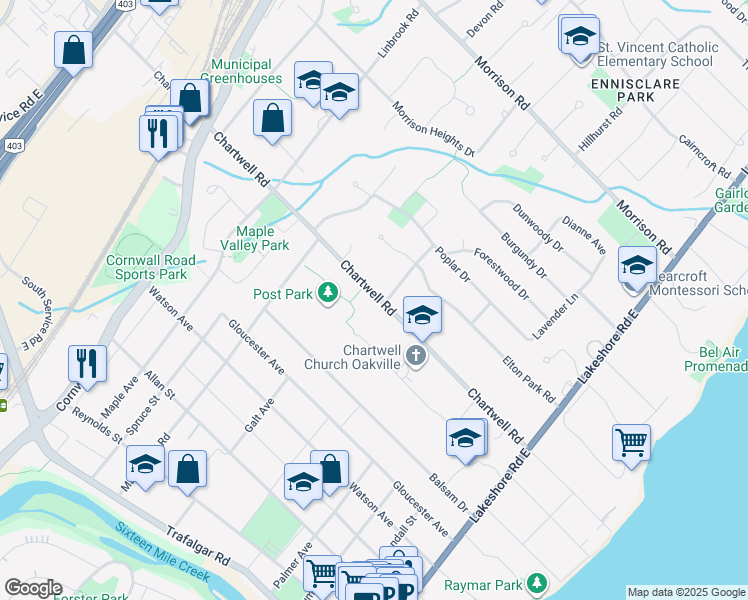 map of restaurants, bars, coffee shops, grocery stores, and more near 294 Chartwell Road in Oakville