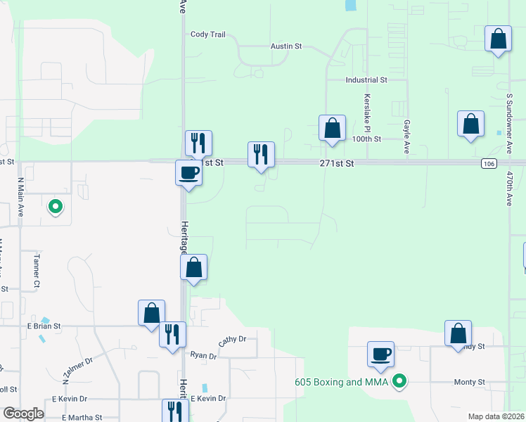 map of restaurants, bars, coffee shops, grocery stores, and more near 46923 271st Street in Tea