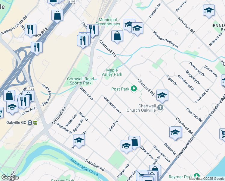 map of restaurants, bars, coffee shops, grocery stores, and more near 465 Macdonald Road in Oakville