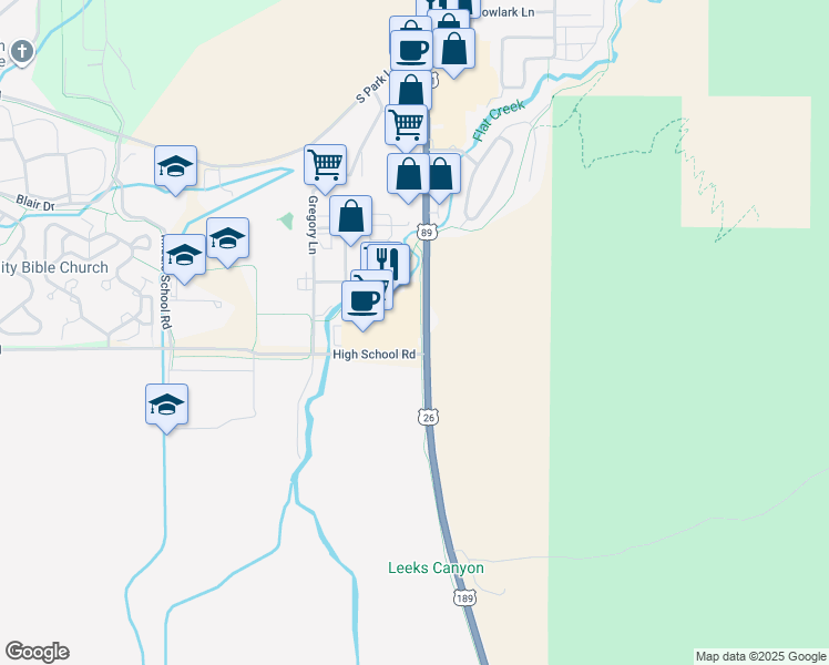 map of restaurants, bars, coffee shops, grocery stores, and more near 1325 U.S. Highway 89 in Jackson