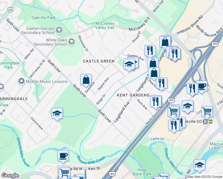 map of restaurants, bars, coffee shops, grocery stores, and more near 70 Ridge Drive in Oakville
