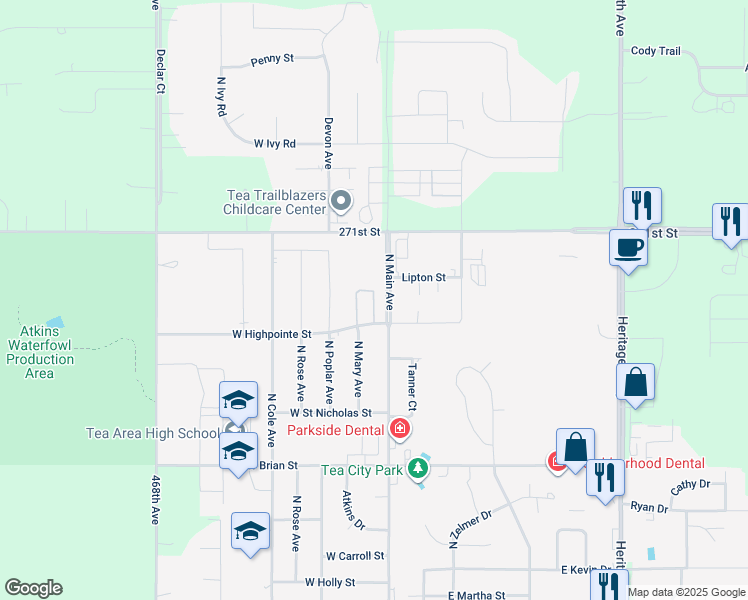 map of restaurants, bars, coffee shops, grocery stores, and more near 1401 North Main Avenue in Tea