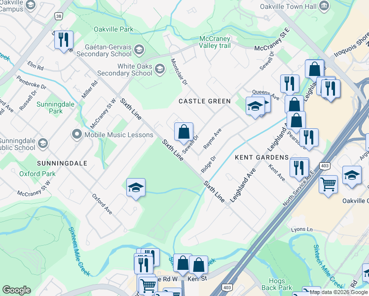 map of restaurants, bars, coffee shops, grocery stores, and more near 7 Sewell Drive in Oakville