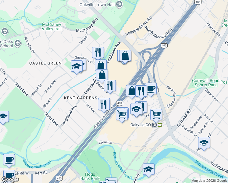map of restaurants, bars, coffee shops, grocery stores, and more near 1023 Robarts Road in Oakville