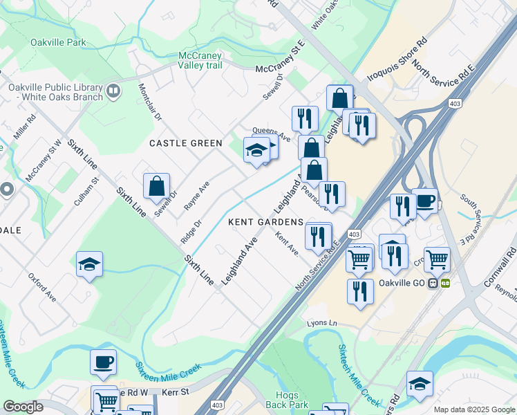 map of restaurants, bars, coffee shops, grocery stores, and more near 1115 Kent Avenue in Oakville