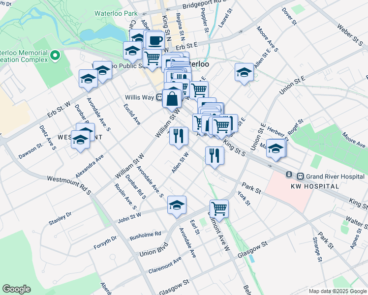 map of restaurants, bars, coffee shops, grocery stores, and more near 133 Park Street in Waterloo