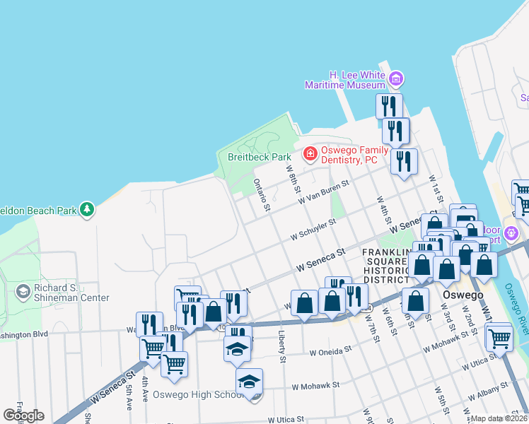 map of restaurants, bars, coffee shops, grocery stores, and more near 20 Ontario Street in Oswego