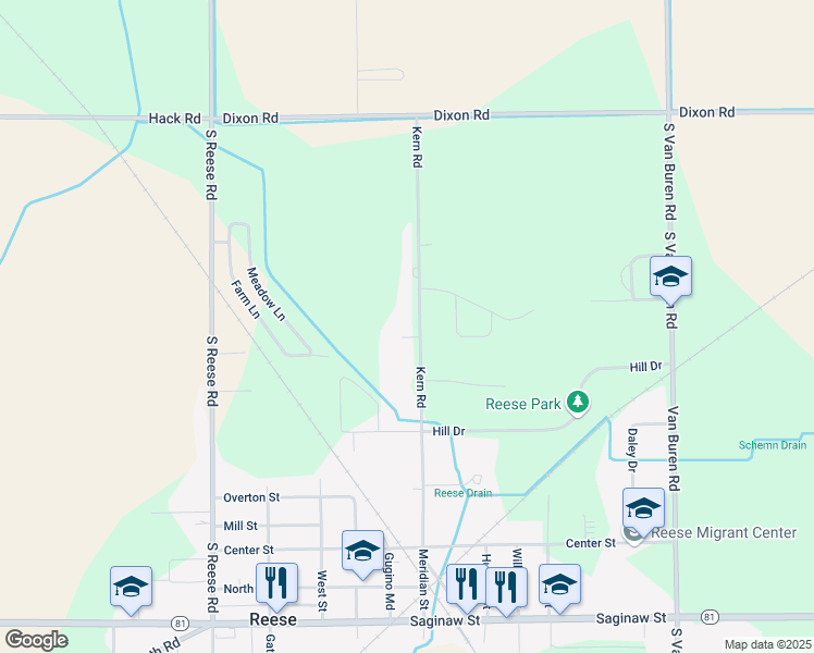 map of restaurants, bars, coffee shops, grocery stores, and more near 1684 Meridian Street in Reese