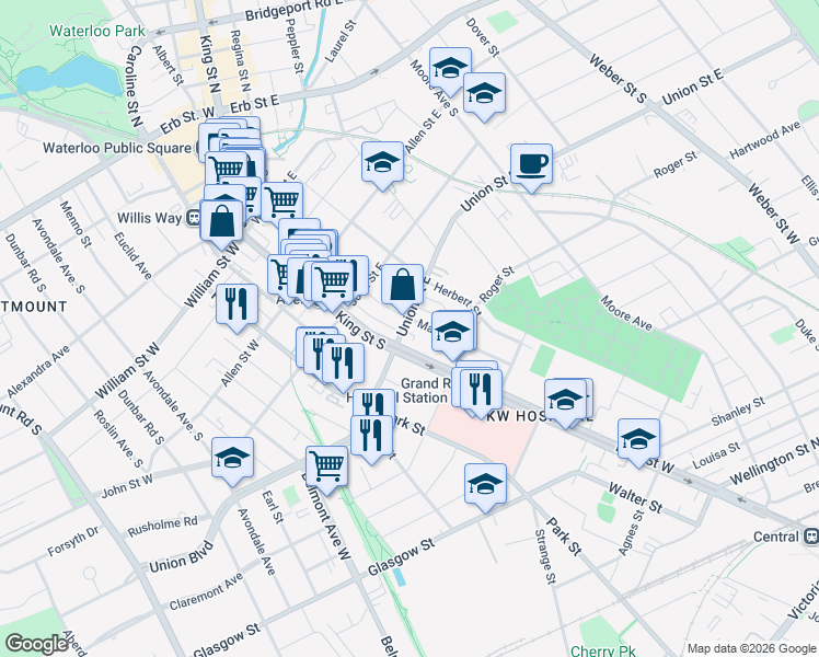 map of restaurants, bars, coffee shops, grocery stores, and more near 13 Union Street East in Waterloo