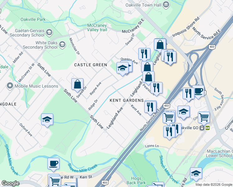 map of restaurants, bars, coffee shops, grocery stores, and more near 1128 Kent Avenue in Oakville