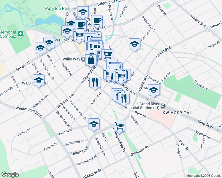 map of restaurants, bars, coffee shops, grocery stores, and more near 155 Caroline Street South in Waterloo