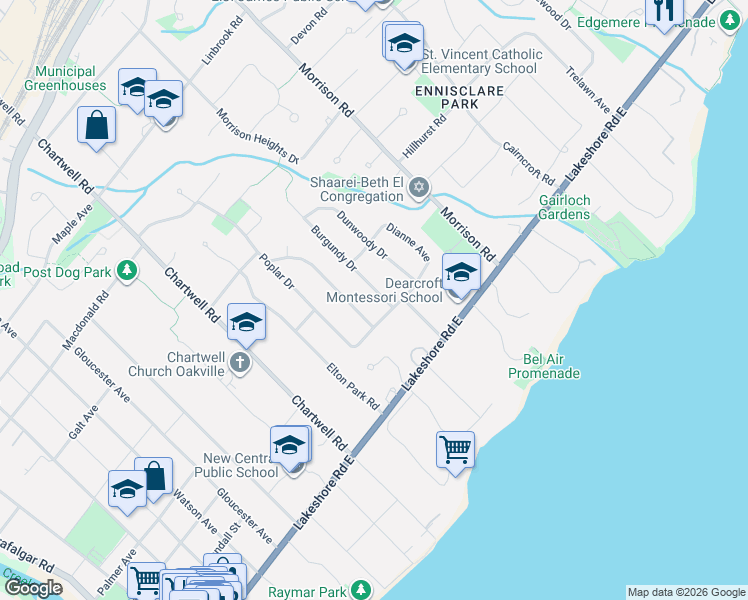 map of restaurants, bars, coffee shops, grocery stores, and more near 172 Burgundy Drive in Oakville