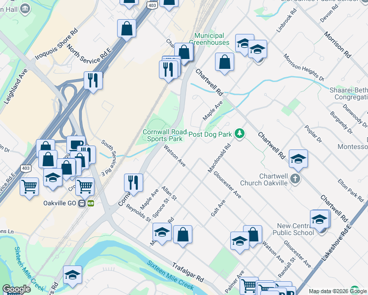 map of restaurants, bars, coffee shops, grocery stores, and more near 435 Maple Avenue in Oakville