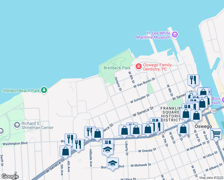 map of restaurants, bars, coffee shops, grocery stores, and more near 20 Ontario Street in Oswego