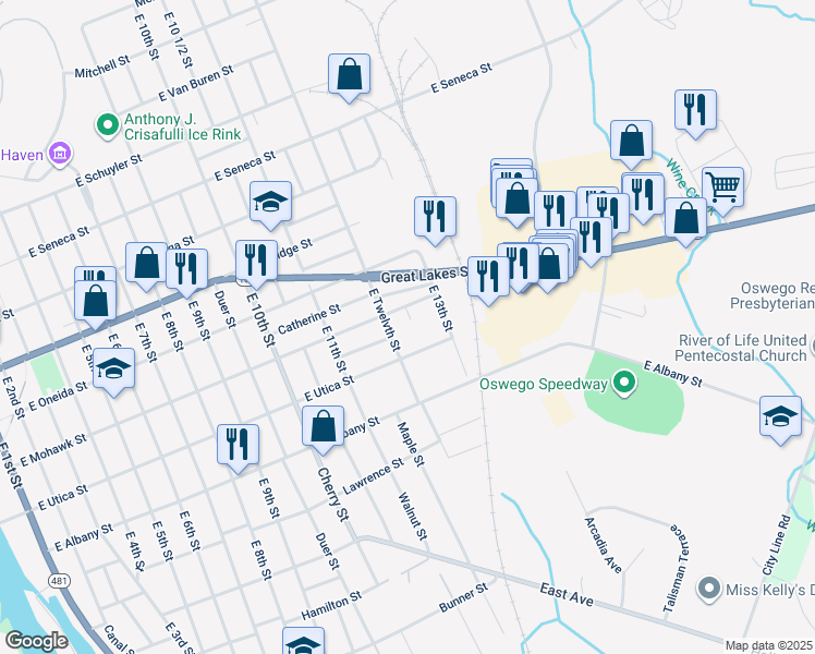 map of restaurants, bars, coffee shops, grocery stores, and more near 182 East Mohawk Street in Oswego