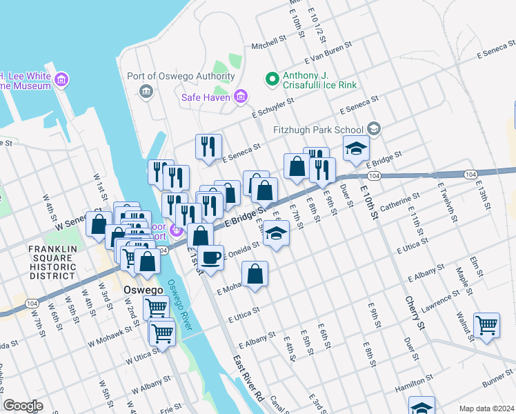 map of restaurants, bars, coffee shops, grocery stores, and more near 66 East 6th Street in Oswego