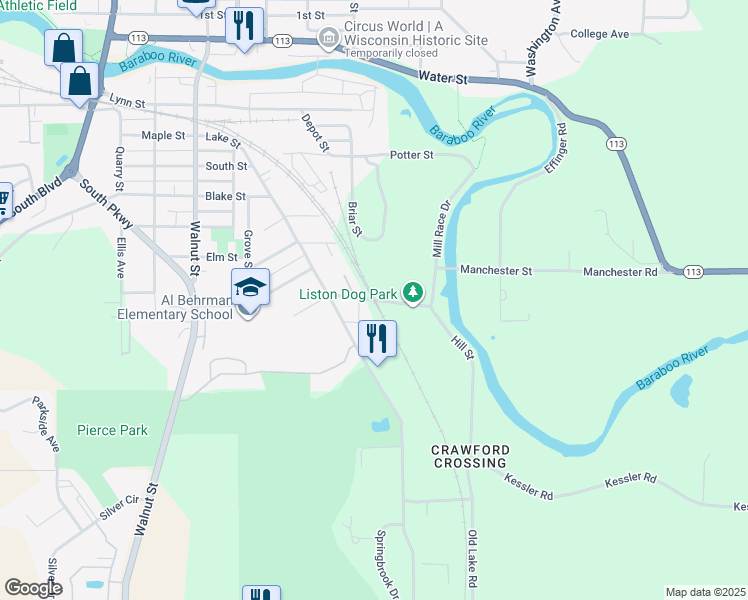 map of restaurants, bars, coffee shops, grocery stores, and more near 624 Hill Street in Baraboo