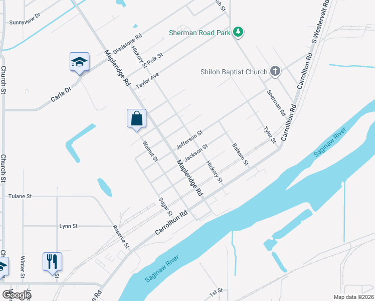 map of restaurants, bars, coffee shops, grocery stores, and more near 526 Hickory Street in Saginaw