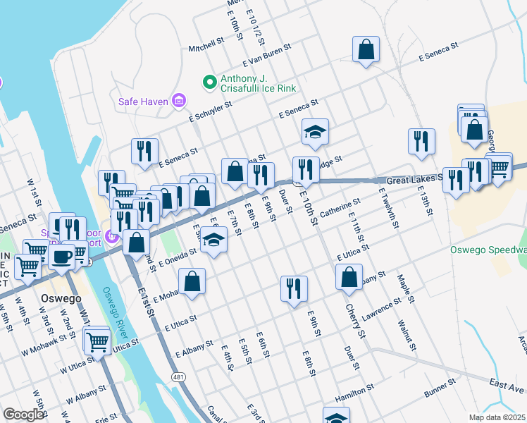 map of restaurants, bars, coffee shops, grocery stores, and more near 183 East 9th Street in Oswego