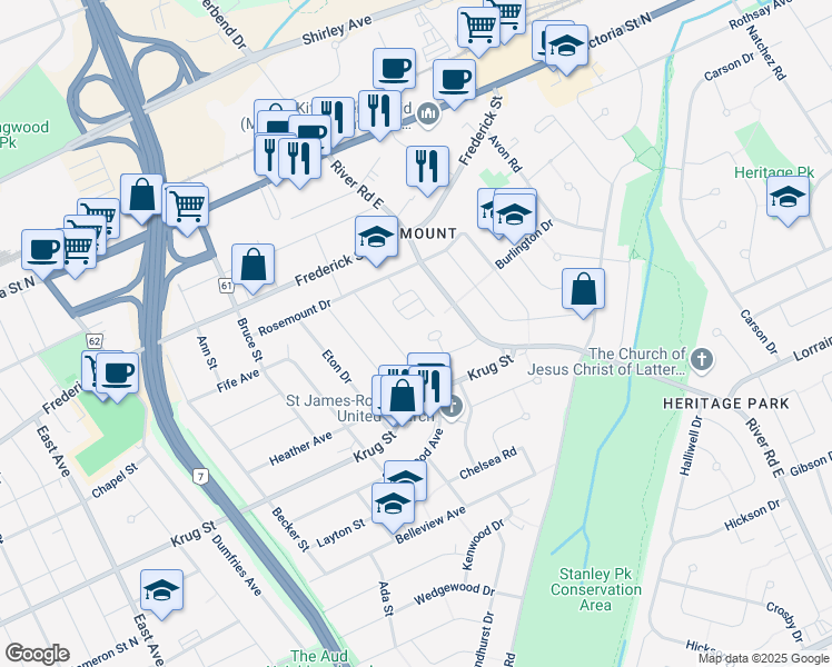 map of restaurants, bars, coffee shops, grocery stores, and more near 38 Camden Place in Kitchener