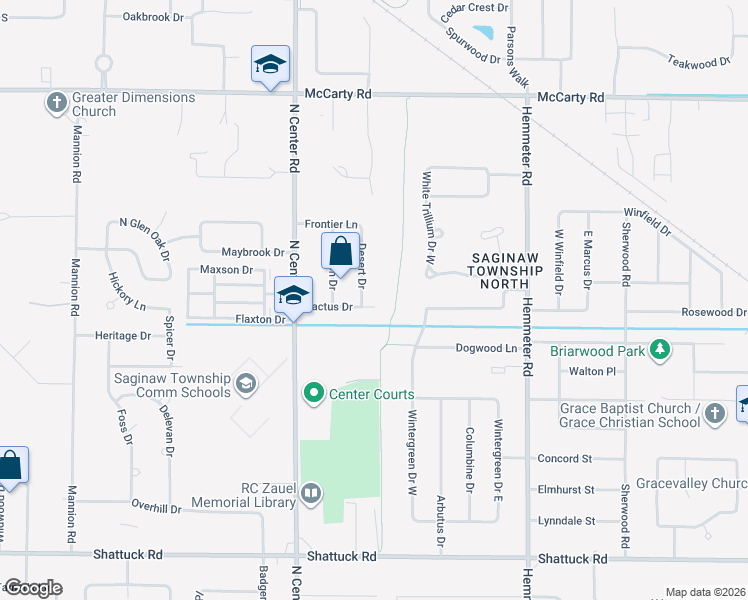 map of restaurants, bars, coffee shops, grocery stores, and more near 3596 Desert Drive in Saginaw