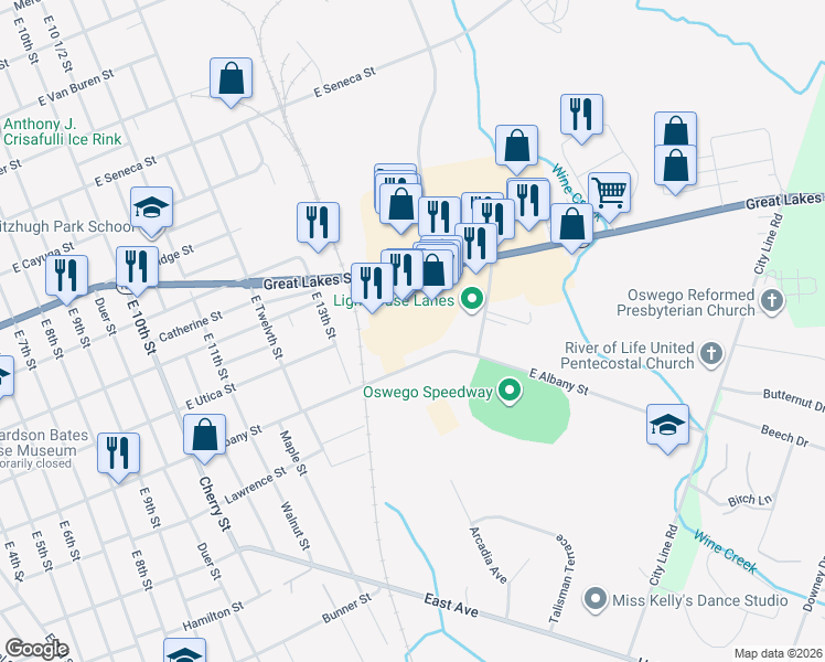 map of restaurants, bars, coffee shops, grocery stores, and more near Rt 104 E Oswego Plaza in Oswego