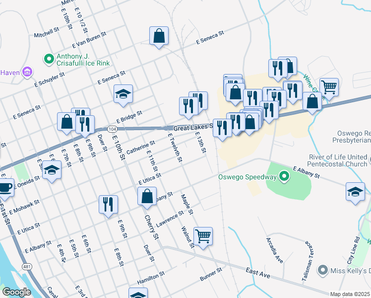 map of restaurants, bars, coffee shops, grocery stores, and more near 182 East Mohawk Street in Oswego