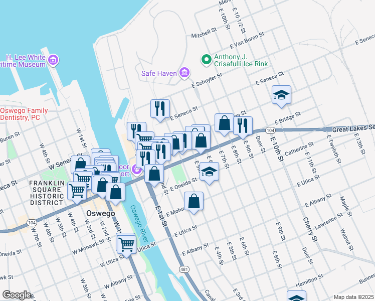 map of restaurants, bars, coffee shops, grocery stores, and more near 57 East 4th Street in Oswego