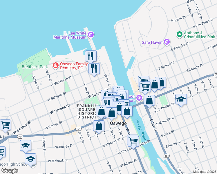 map of restaurants, bars, coffee shops, grocery stores, and more near 78 West 1st Street in Oswego