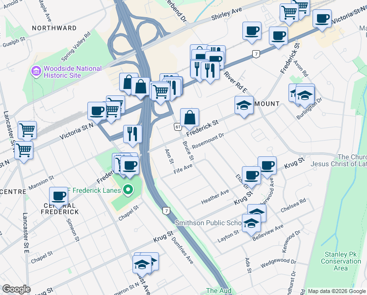 map of restaurants, bars, coffee shops, grocery stores, and more near 7 Rosemount Drive in Kitchener