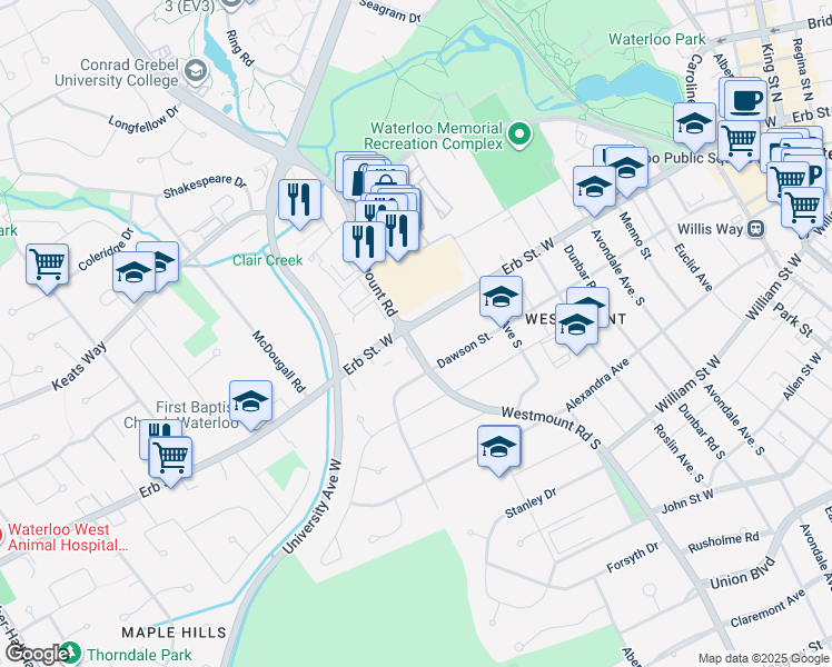 map of restaurants, bars, coffee shops, grocery stores, and more near in Waterloo