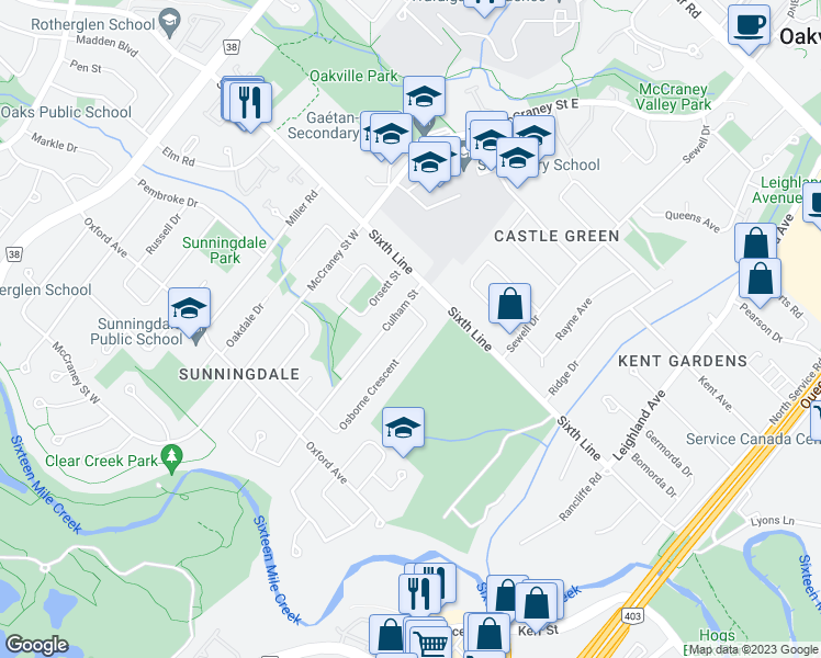 map of restaurants, bars, coffee shops, grocery stores, and more near 35 Osborne Crescent in Oakville