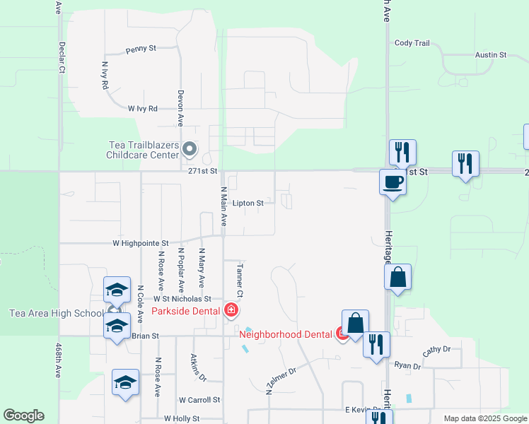 map of restaurants, bars, coffee shops, grocery stores, and more near 1311 North Carla Avenue in Tea