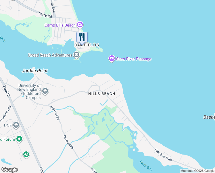 map of restaurants, bars, coffee shops, grocery stores, and more near 12 Breakwater Avenue in Biddeford