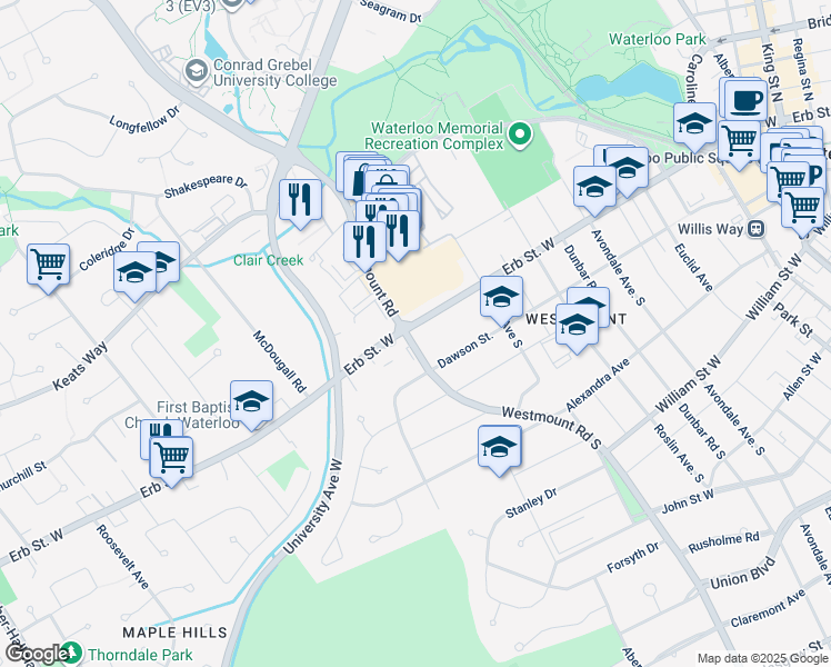 map of restaurants, bars, coffee shops, grocery stores, and more near in Waterloo