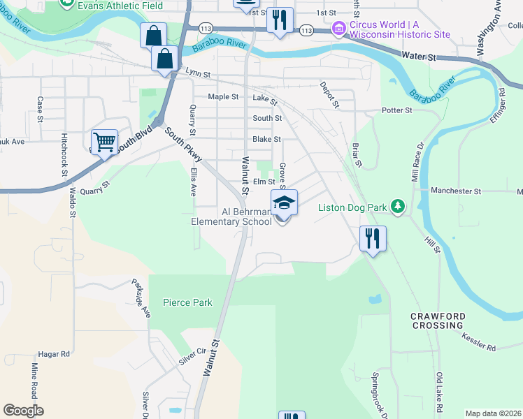 map of restaurants, bars, coffee shops, grocery stores, and more near 727 Walnut Street in Baraboo