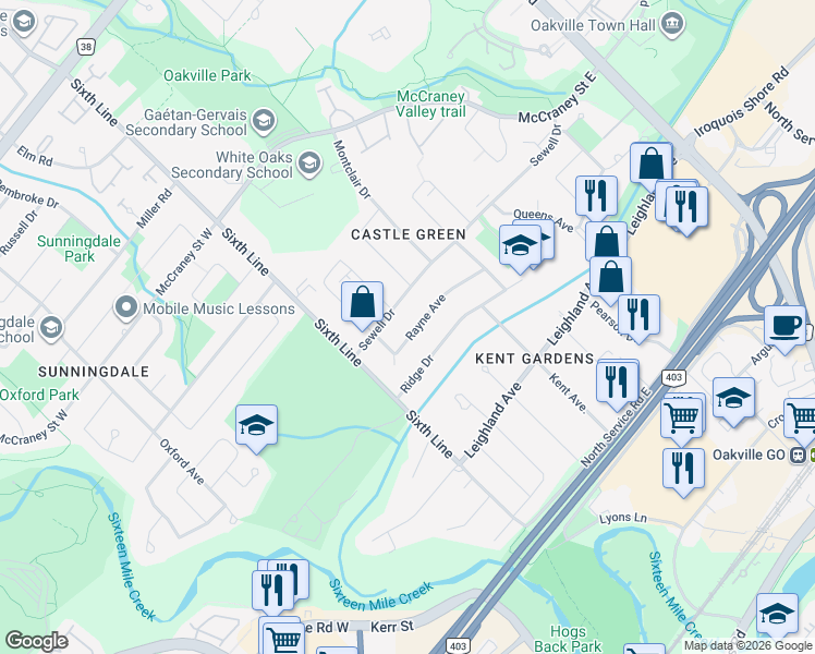 map of restaurants, bars, coffee shops, grocery stores, and more near 49 Rayne Avenue in Oakville