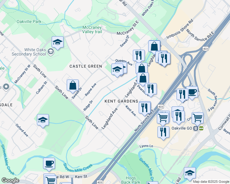 map of restaurants, bars, coffee shops, grocery stores, and more near 1125 Kent Avenue in Oakville