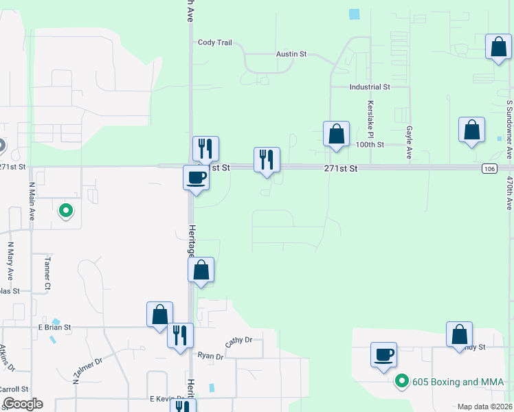 map of restaurants, bars, coffee shops, grocery stores, and more near 46923 271st Street in Tea