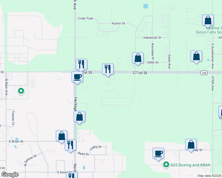 map of restaurants, bars, coffee shops, grocery stores, and more near 46927 271st Street in Tea