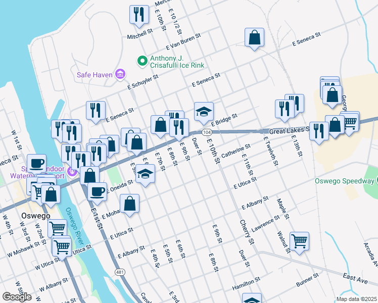 map of restaurants, bars, coffee shops, grocery stores, and more near 187 East 9th Street in Oswego