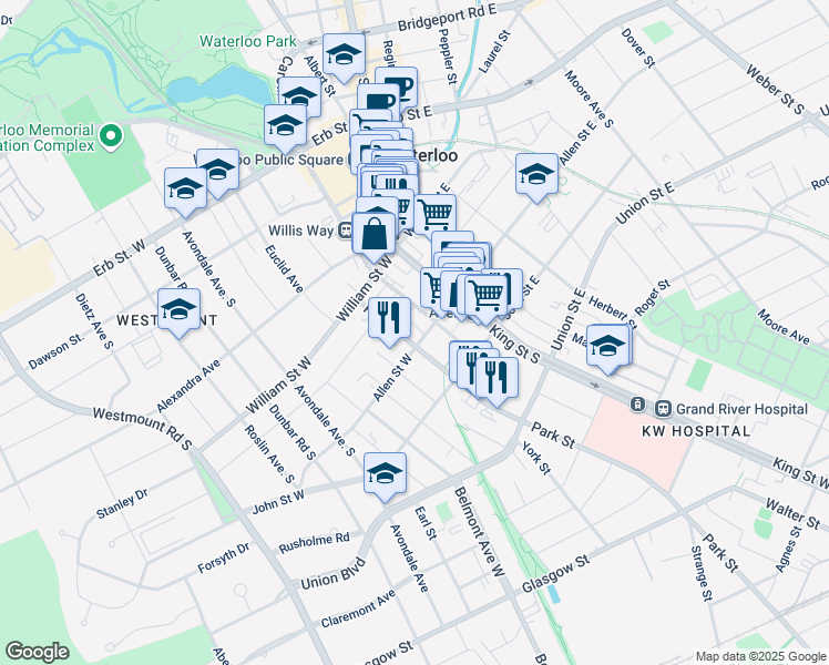 map of restaurants, bars, coffee shops, grocery stores, and more near 76 Freemont Street in Waterloo