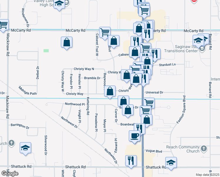 map of restaurants, bars, coffee shops, grocery stores, and more near 3240 Christy Way in Saginaw