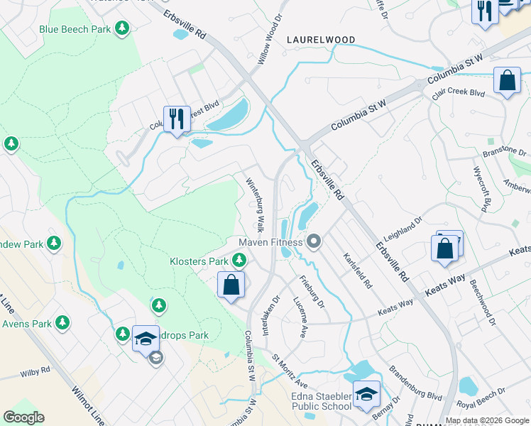 map of restaurants, bars, coffee shops, grocery stores, and more near 558 Winterburg Walk in Waterloo