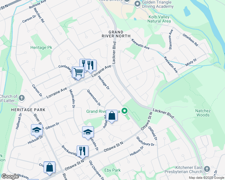 map of restaurants, bars, coffee shops, grocery stores, and more near 390 Heritage Drive in Kitchener