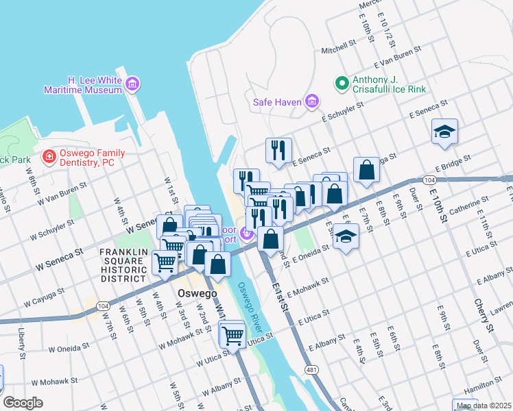 map of restaurants, bars, coffee shops, grocery stores, and more near 19 East Cayuga Street in Oswego