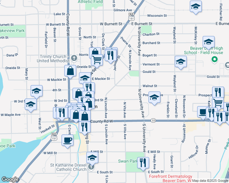 map of restaurants, bars, coffee shops, grocery stores, and more near 327 North Lincoln Avenue in Beaver Dam