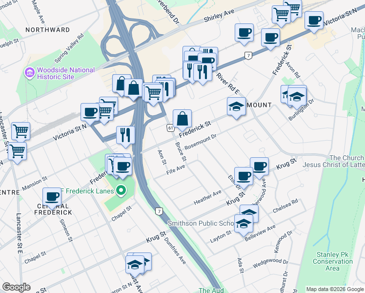 map of restaurants, bars, coffee shops, grocery stores, and more near 7 Rosemount Drive in Kitchener